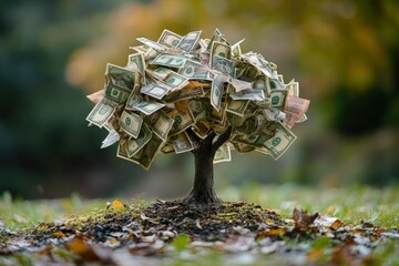 Dollar bills growing on a tree at sunset in a magical forest, symbolizing wealth, prosperity, and financial success