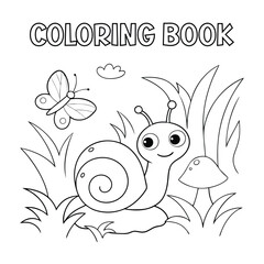 A cute snail sitting on a rock with a butterfly resting nearby for kids coloring book.