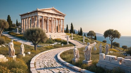 Obraz premium Ancient Roman ruins and statues lining a historic road.