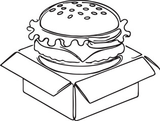 Stylish Cheeseburger Line Art in Takeout Box - Vector