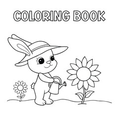  A happy bunny holding a can and watering sunflower for kids coloring book