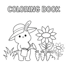  A happy bunny holding a can and watering sunflower for kids coloring book