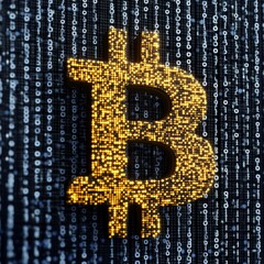 Glowing golden bitcoin symbol made of small spheres on a dark digital background with binary code, representing cryptocurrency and blockchain technology