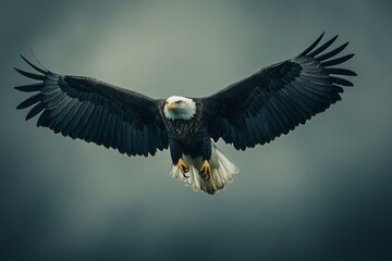 Obraz premium Bald eagle soaring through a cloudy sky, its wings fully extended, showcasing its power and grace