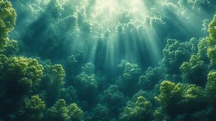 Obraz premium Sunbeams Illuminate Lush Green Forest Canopy