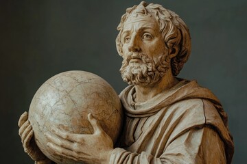 Wooden statue of a bearded saint holding a globe, representing dominion over the world