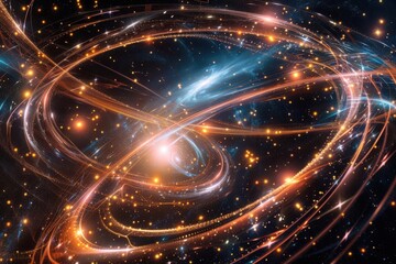 Obraz premium Abstract cosmic visualization with swirling lights and stars, representing the universe's complexity.