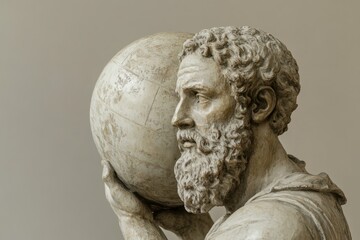 Close-up of the atlas statue holding a celestial globe, representing the burden of knowledge and responsibility