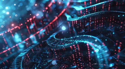 Obraz premium Abstract digital landscape featuring flowing data streams and glowing particles in blue and red hues.