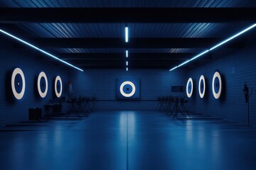 A serene indoor archery range featuring illuminated targets against a blue-toned backdrop.