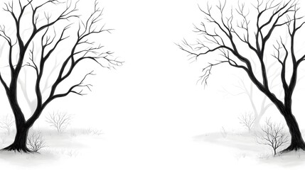 Obraz premium Two barren trees stand in a minimalist landscape, their branches reaching out against a white background, evoking a sense of solitude and stillness.