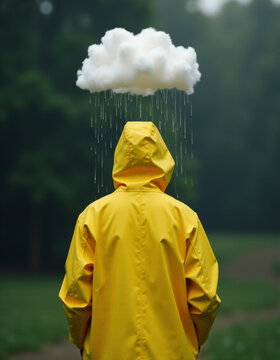 person wearing a bright yellow raincoat stands quietly as a small, fluffy cloud hovers directly above their head. Generative AI