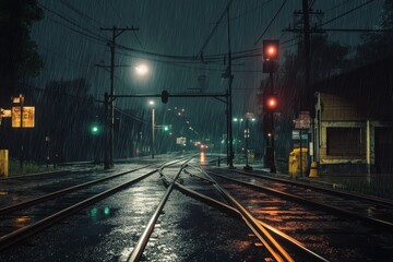 A serene night scene of a quiet train track in heavy rain, illuminated by colorful traffic lights.