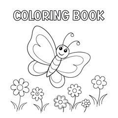 A large butterfly with wide, patterned wings flying over flowers for kids coloring book