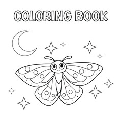  A large, elegant moth flying near the moon with stars twinkling for kids coloring book