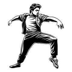 Fototapeta premium Silhouette of a young Asian man freestyle dancing at a wedding, wearing a stylish modern outfit like a graphic T-shirt, skinny jeans, and sneakers, full-body view from head to toe, solid black