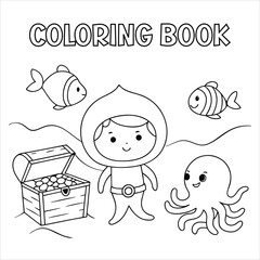 A scuba diving kid discovering a glowing treasure for kids coloring book