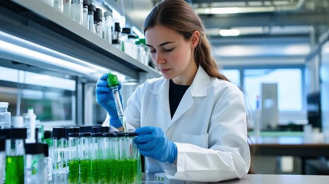 A scientist woman in a lab coat examines and processes green liquid samples in a modern research facility, demonstrating meticulous scientific work