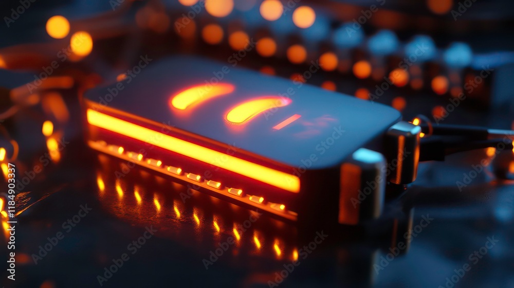 Poster futuristic glowing device with orange lights on dark reflective surface.