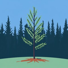 Obraz premium A stylized illustration of a green tree standing tall against a dark forest backdrop.