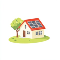 A bright, eco-friendly house with solar panels and a green tree, symbolizing sustainable living.