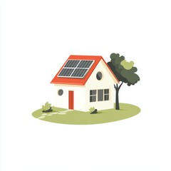 A charming cartoon-style house with solar panels, surrounded by greenery, symbolizing eco-friendly living.