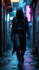 Obraz premium Undetectable AI strolling through a rain-soaked alleyway at night, wearing a long coat and hooded cloak.