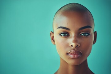 Short trim - bald head - no hair. Lovely calm mixed-race girl - for ads, marketing material and internet marketing use. Commercial digital ads conceptual art. Short hair african concept.