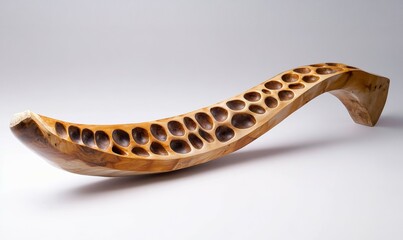 Long, curved object made of wood and bone. It has a brownish color and it is a piece of art