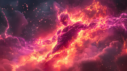 Naklejka premium Intense bursting flames and glowing embers in an explosive fiery combustion creating a dramatic energy and heat effect with luminous sparks and smoldering smoke. Firestone. Illustration