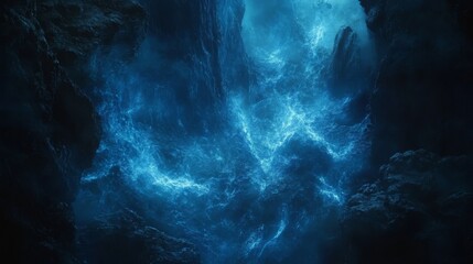 Mystical glowing blue light illuminating the depths of a dark, rocky chasm with dramatic shadows