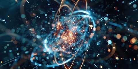 Abstract representation of atomic structure and energy in a cosmic environment.