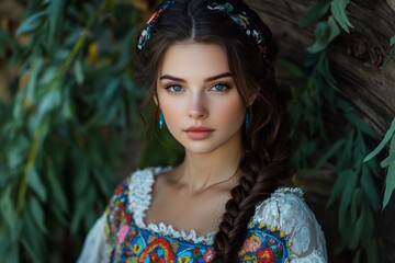 Fototapeta premium Young woman with braided hair and embroidered dress representing ukrainian culture and traditions
