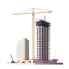 Construction site featuring a tall building with a crane, showcasing modern architecture and urban development.