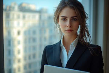 Fototapeta premium Confident businesswoman holding laptop, standing in modern office with large window overlooking cityscape
