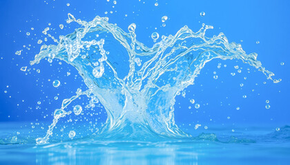 Water splash creating beautiful droplets against a blue background