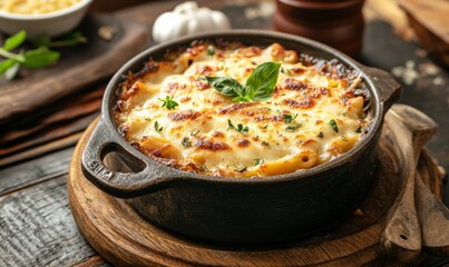A baked ziti dish with melted mozzarella cheese, comfort food, italian cuisine