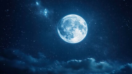 Full moon shining brightly in the night sky with stars and clouds.