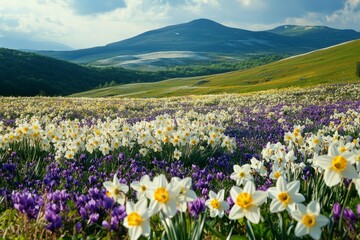 Fototapeta premium White narcissus and purple grape hyacinths blooming in a vast meadow, creating a breathtaking scene with rolling hills and majestic mountains in the background