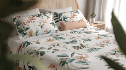 Floral bedding on bed in bright bedroom.