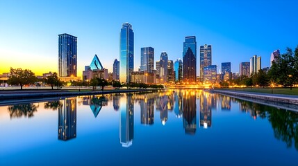 Obraz premium Modern skyline reflecting on calm water at dusk, showcasing illuminated buildings and serene urban beauty.