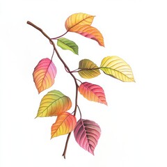 Obraz premium A vibrant branch of autumn leaves showcasing a blend of warm colors against a clean white background.
