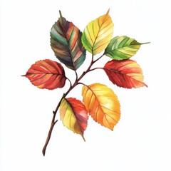 Fototapeta premium A vibrant, hand-painted watercolor branch featuring green, yellow, and red autumn leaves.