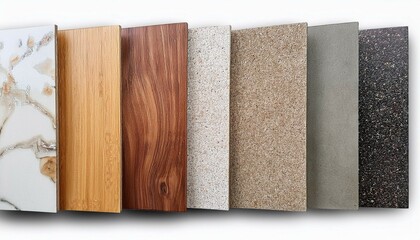 interior material samples in top view including palette of concrete laminateds wooden vinyl flooring tiles and terrazzo quartz stone isolated on background with clipping path mood and tone board