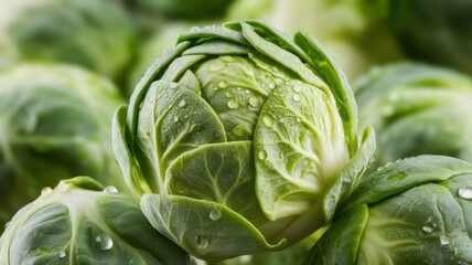 Fototapeta premium Fresh green Brussels sprouts with dew droplets, showcasing their natural beauty and texture.