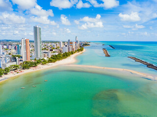 Olinda, Pernambuco - aerial view of Praia da Casa Caiada. Green sea beach with buildings on the edge