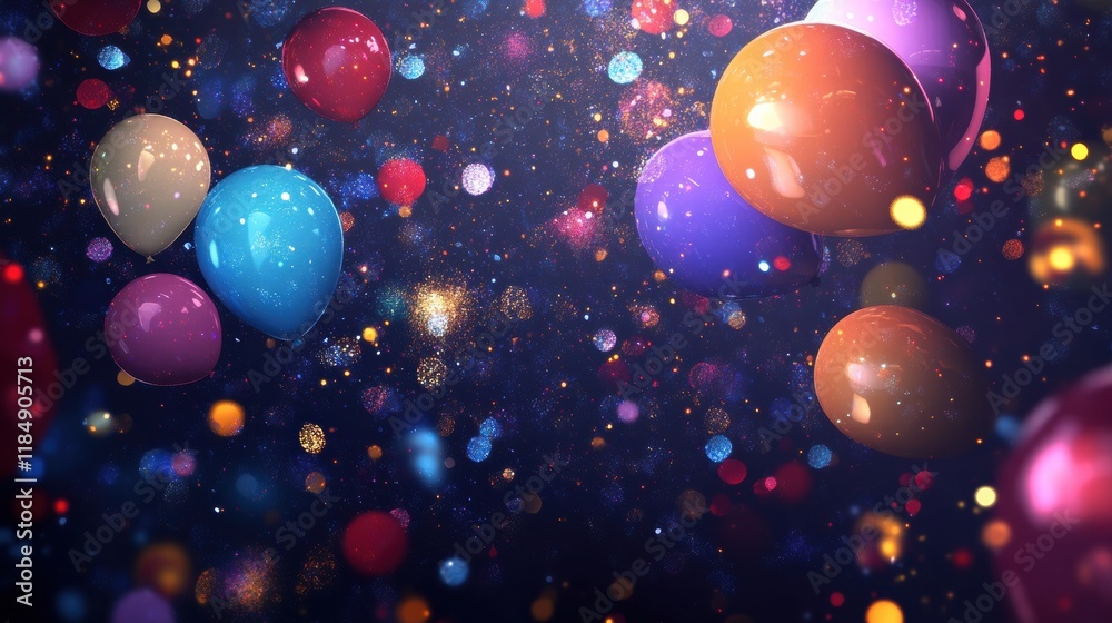 Poster colorful festive balloons and confetti create a lively background for celebrations and joyful gather