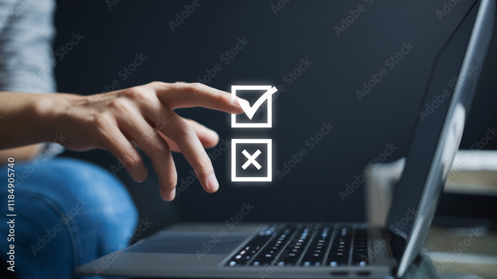 Aufkleber Illustration of a laptop displaying three check marks representing business options with positive and negative indicators