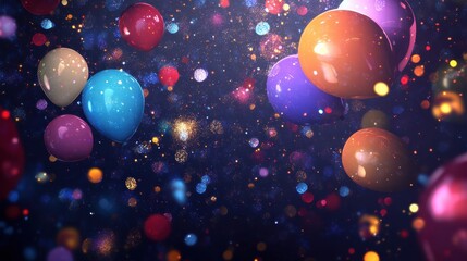 Colorful festive balloons and confetti create a lively background for celebrations and joyful gatherings at nighttime events. Generative AI