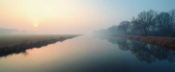 Fog Lifting at Dawn over Calm River Reflecting Trees and Soft Sunrise Hues